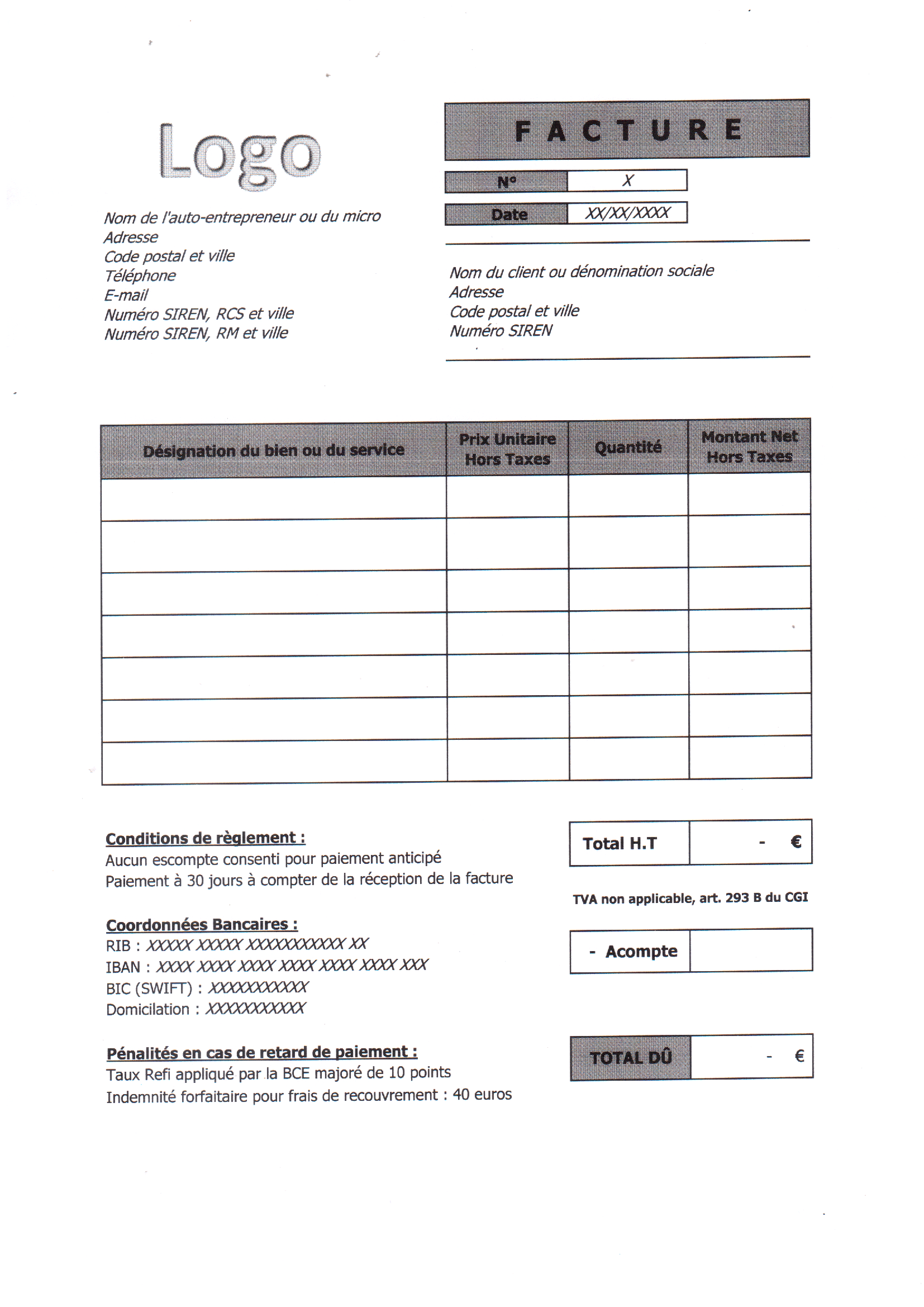 modele facture net de taxe